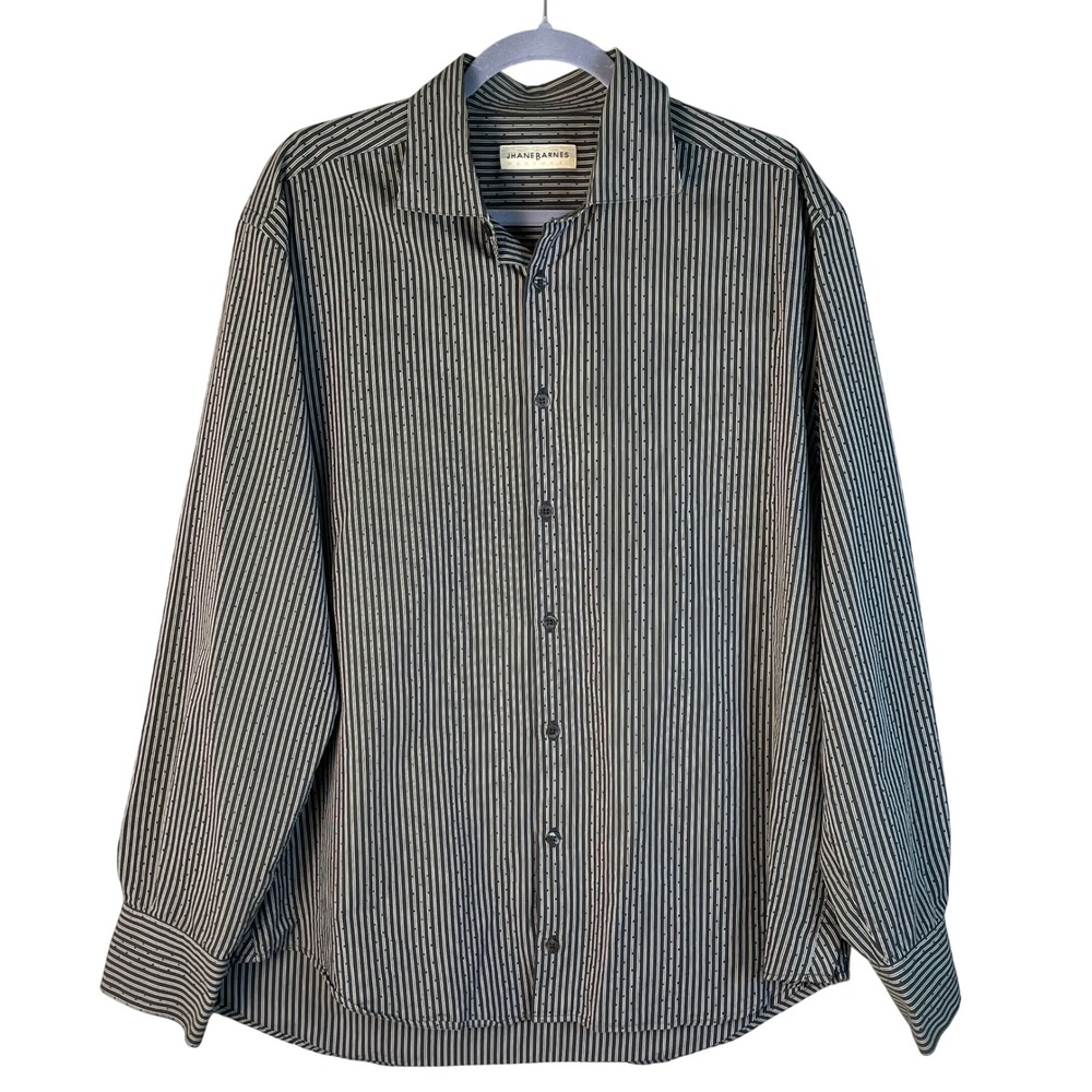 Jhane Barnes Button Down Shirt Mens XL Black White Excellent Striped Long Sleeve